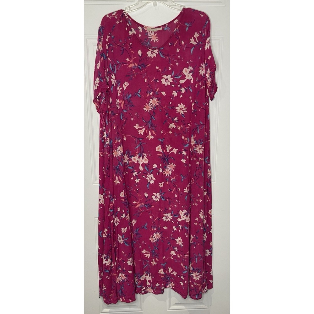 Woman Within Women's 1X 22/24 Fuchsia Floral Short Sleeve Crinkle Maxi Dress